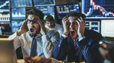 Concept of stock exchange trades during crisis and market crash. Stock trade broker panic, AI