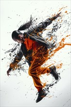 Street dancer frozen in midair amidst a burst of black and orange paint splatters, conveying high