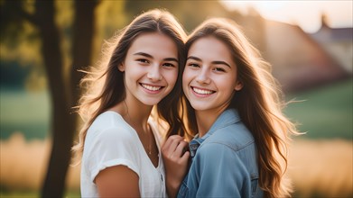 Two smiling teenagers, girl with caucasian look outside in summer, sisters, siblings, twins, bokeh,
