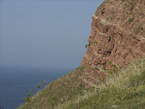 A high cliff with a view of the blue sea and plant-covered slopes, Heligoland, Germany, Europe