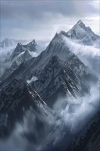 Snow-covered mountains partially shrouded in clouds and mist, creating a dramatic, cold atmosphere,