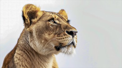 Profile of a lioness looking upwards, depicting contemplation and poise, AI generated