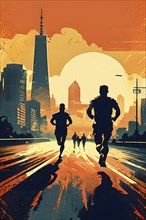 Vintage grungy poster of marathon runners with cityscape skyline background, AI generated