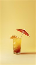 A glass of juice with a red umbrella on top over a yellow background, AI generated