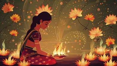 A woman in traditional clothing holds oil lamps, surrounded by lotus flowers at night, AI generated