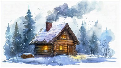Snow-covered log cabin with smoke rising from the chimney, surrounded by pine trees and lit