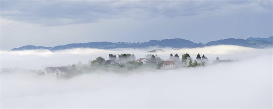 Morning fog over the village Frauenberg, panoramic picture, view from the Silberberg, near