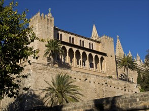 Historic building with castle character, battlements and palm trees in the foreground under a blue