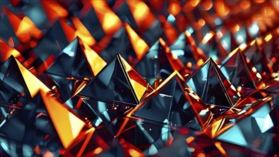 3d digital design art featuring myriad triangles coated in shiny metallic hues, AI generated