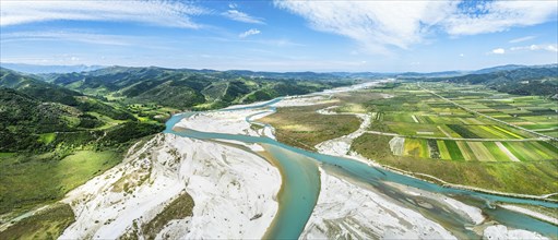 Panorama of Fields over Vjosa Wild River National Park from a drone, Albania, Europe