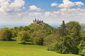 Hohenzollern Castle, cloudy sky, Hechingen, Zollernalbkreis, Swabian Alb, Baden-Wuerttemberg,