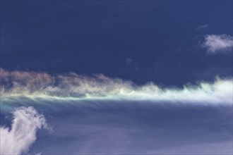 Aviation, fading rainbow contrails from passenger plane, Province of Quebec, Canada, North America