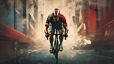Vintage grungy poster of cyclist, AI generated