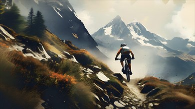 Vintage grungy poster of mountain bike cyclist with mountain background, AI generated
