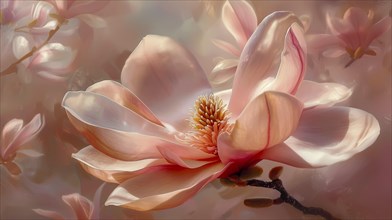 Ethereal close-up of a light pink magnolia flower with softly focused petals and a gentle