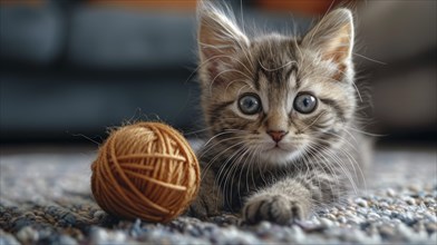 A curious kitten with brown fur and blue eyes plays with a yarn ball on a cozy carpet, AI