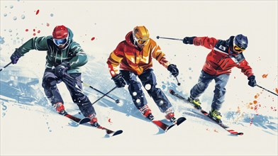 Three skiers in colorful jackets race downhill against a snowy backdrop amid dynamic splashes of