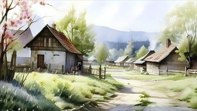 Watercolor depiction of a village in spring with blooming flower, AI generated