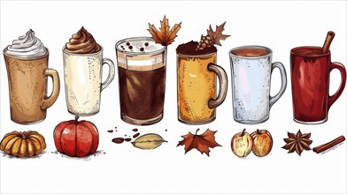Illustration of various coffee mugs with autumn-themed decorations like leaves, pumpkins and