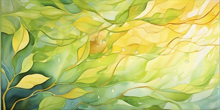 Abstract digital painting embodying sustainability with intertwining leaves glisten with water