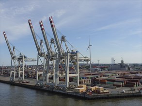 Large harbour cranes lifting containers in an industrial harbour while a wind turbine stands in the