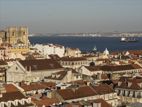 Panorama of a city with red roofs, large historic buildings on the waterfront and a cargo ship in