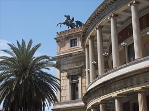 A huge palm tree next to a magnificent historic building with columns and sculptures, palermo in