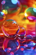 Iridescent bubbles and liquid droplets contained within glistening with an oil like sheen floating,