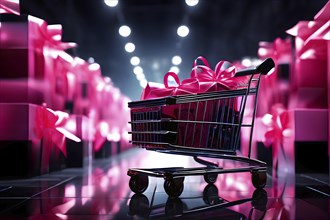 Black friday shopping cart brimming with black gift boxes tied with pink ribbons against a dark