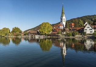 Lakeshore with the parish church of St Martin, Sipplingen, Baden-Wuerttemberg, Germany, Europe