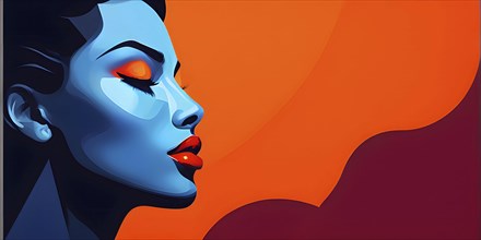 Abstract minimalistic side view portrait of a woman with red lips and orange eye shadow, AI