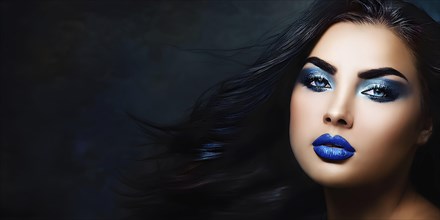 Side view portrait of a woman with blue lips and cyan eye shadow, AI generated
