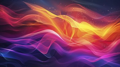 Abstract digital art with flowing colorful waves in red, orange, yellow, purple, and pink on a dark
