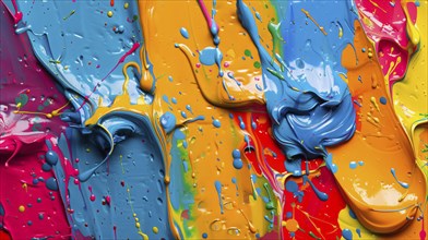 Thick textured multicolor paint splashes with red, blue, yellow, and green colors blending