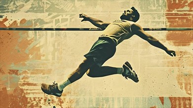 Vintage grungy poster of an athlete in high jump in track and field, AI generated