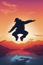 Illustration of a breakdancer silhouette in calm harmony bathed in the breathtaking palette of a