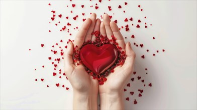 A red heart surrounded by small hearts held in hands against a white background, with a romantic