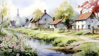 Watercolor depiction of a village in spring with blooming flower, AI generated