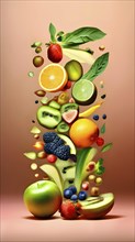Abstract painting of healthy food with organic shapes resembling an array of fresh fruits, AI