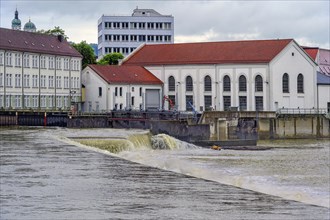 Flood at the Iller dam Ueberlandwerk, Kempten, Allgaeu, Swabia, Bavaria, Germany, Europe
