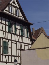 Historic half-timbered houses with floral decorations in Alsace, Wissembourg, France, Europe