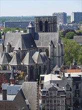 View over an old city centre with a central cathedral and historic buildings in the surroundings,