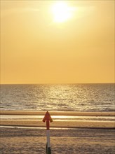 An arrow on the beach points towards the sea at sunset, the sky shines in golden light, sunset on