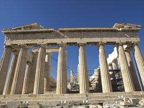 The Parthenon temple on the Acropolis in Athens, an ancient Greek building with imposing columns
