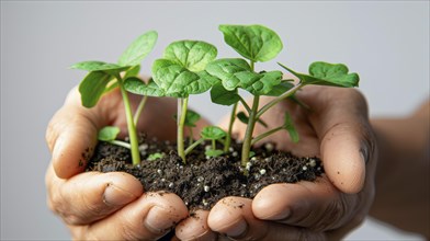 Two hands holding green seedlings in soil