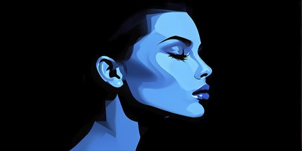 Abstract minimalistic side view portrait of a woman with blue lips and blue eye shadow, AI