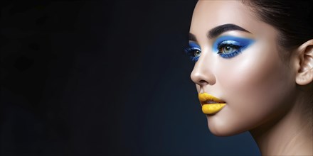Side view portrait of a woman with yellow lips and blue eye shadow, AI generated