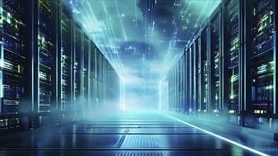 Server racks aligned in rows within a cloud computing data center background and data streams