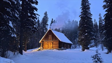 Snowy pine forest encapsulates a wooden cabin, AI generated