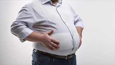 Overweight, A man in a shirt touches his round fat belly, AI generated, AI generated